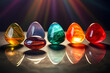 A set of chakra stones on a reflective surface capturing their colors and shapes.