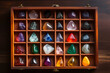 Collection of chakra stones presented in a wooden box with labels for each stone.