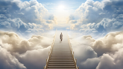 person walking up stairway to heaven through clouds in the sky after death