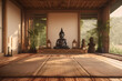 Zen meditation room with mats Buddha statues and tranquil surroundings.