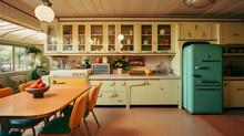 Vintage Kitchen From The 1970 Era With Retro Appliances And Round Features
