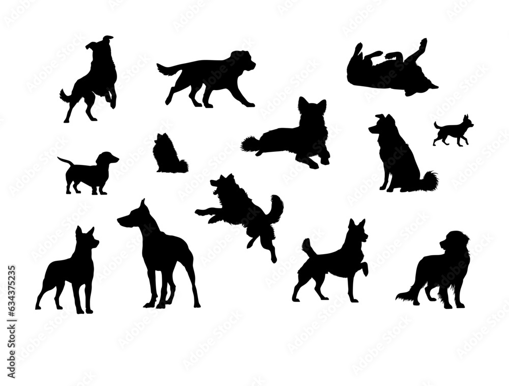 Vector illustration. Silhouettes of dogs of different breeds and sizes ...