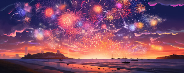 A panoramic digital painting illustrates a night sky ignited by a spectacular display of graphic fireworks, set against a backdrop of a beach, mountains, sea, and city.  Generative AI.