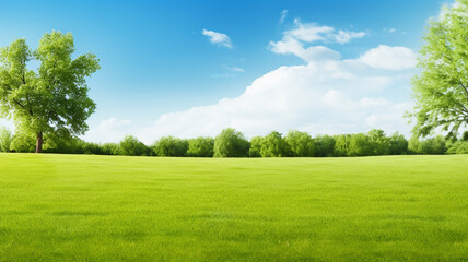 Wall Mural - Green lawn and trees background with copyspace. Nature background concept. Generative AI