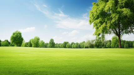 Green lawn and trees background with copyspace. Nature background concept. Generative AI