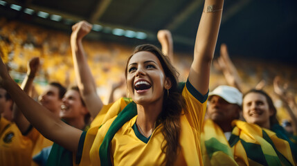 Wall Mural - fans screaming supporting australian team at women's world cup in stadium wearing yellow and green