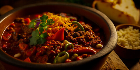 Wall Mural - An appetizing Mexican dish made with minced meat and chili peppers. Perfectly balanced taste of spices and herbs. Full of protein, fiber and essential nutrients. representing a rich culinary heritage