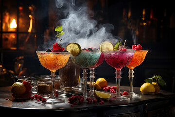 Colorful cocktails in Halloween style with smoke on a dark festive background. Party in a dark and sinister style. Alcoholic and non-alcoholic cocktails.