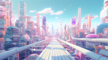Colorful Pastel Animation Of Futuristic City, Cartoon Style 
