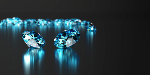 Wall Mural - Group of Blue round diamonds Gem placed on reflection background 3d Rendering