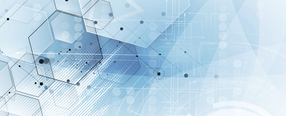 Technology banner design with hexagons abstract background.