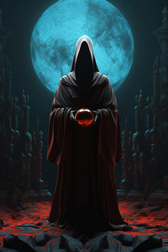 A Mysterious Hooded Figure Holding a Crystal Ball With a Full Moon in the Background