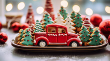 A Tray With Red, Green, And White Color Decorated Cookies Shaped Like A Car And Christmas Trees. Horizontal, Side View. Festive Atmosphere.