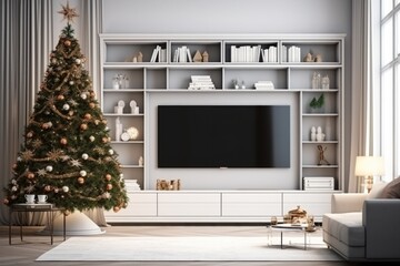 White living room and new year concept with tree and ornament style. fireplace on the wall and decorative new year living room.