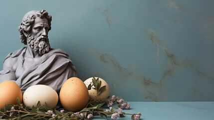 Wall Mural - Art sculpture of ancient Italian from marble with eggs isolated on a pastel background with a copy space 