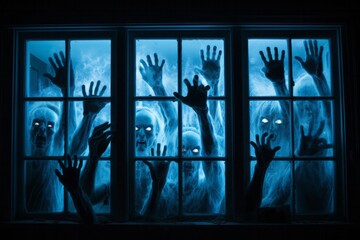 Wall Mural - Spooky many zombie hands outside the window, blue glowing. Halloween concept.