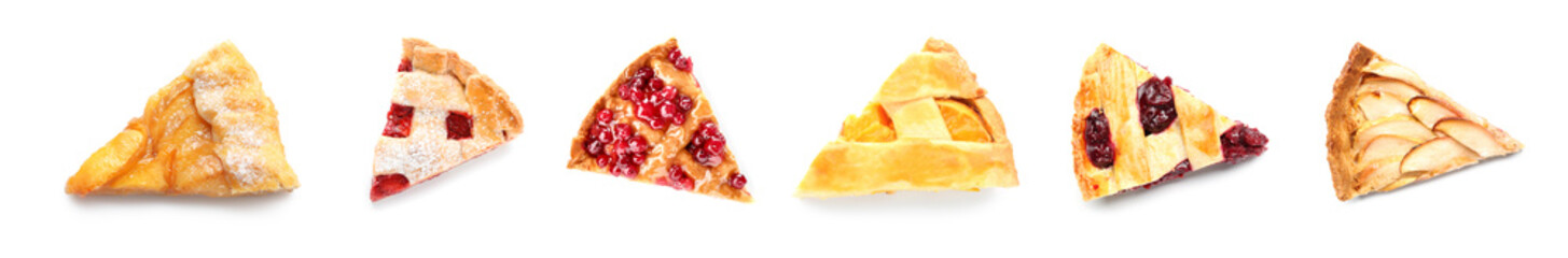 Wall Mural - Set of pieces of different tasty pies on white background, top view