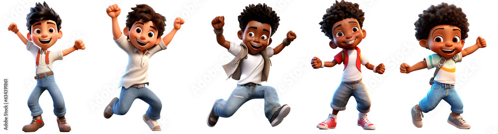 Set happy cute boys dance 3D render character cartoon style Isolated on ...