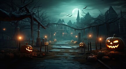 Wall Mural - Halloween scary pumpkin head display decoration created with AI