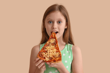 Sticker - Little girl eating pizza on beige background