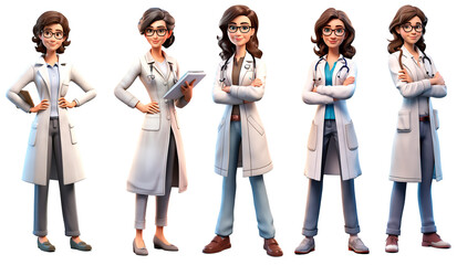 Wall Mural - 3D render family doctor woman character. Happy and smiling cartoon style Isolated on transparent background