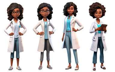 Wall Mural - 3D render family doctor woman dark skin character. Happy and smiling cartoon style Isolated on transparent background