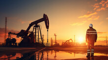 Oil Worker Is Standing And Looking To The Oil Pump Jack On The Sunset Background.