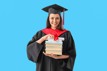 Sticker - Female graduate student with diploma and books on blue background