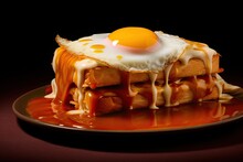 Hot Francesinha Sandwich With Sausages And Meat, Melted Cheese, Poured With Tomato Beer Sauce And Topped With A Fried Egg Close-up Isolated