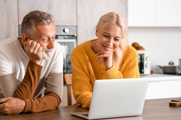 Sticker - Mature couple using laptop in kitchen