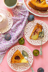 Wall Mural - Sweet moist and fluffy yogurt cake with plums