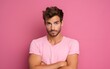 Offended sad angry Caucasian young man with arms crossed blowing his lips looking at camera isolated on pastel, bright trendy pink background. Conflict anger concept, AI Generated
