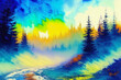 canvas print picture - Aquarellmalerei einer idyllischen Landschaft