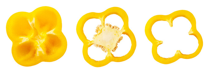 Wall Mural - yellow pepper isolated set. sliced bulgarian sweet pepper on a transparent background, top view.