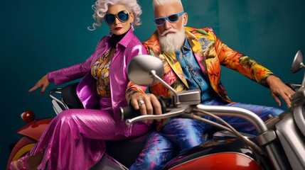 AI generated, elderly couple, man and woman,extravagant vibrant colored fashion clothing, fashion shoot. Posing on a motorcycle. Old is not boring. Attractive older couple, good health. Multi-colored.