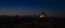 Banner Or Refuge By Night On Top Of Alps Mountain Italy, Sky With Star,  Panorama, Long Exposure