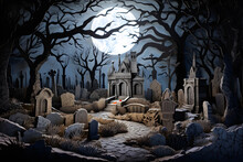 Papercut Style Halloween A Moonlit Cemetery With Weathered Tombstones Ai Generated