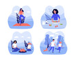 People keeping fit and healthy vector illustrations set. Happy adults and children meditating, eating fruits and vegetables, camping at nature, jogging. Health and wellness, active lifestyle concept