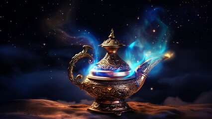 Magic oriental golden Alladin's lamp with shiny blue smoke or genie on the night background. Old arabic persian traditional teapot made of brass