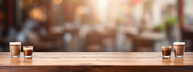 Coffee table in the background of a blurred coffee shop with copy space. Created with Generative AI technology.