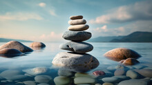 Concept Of Harmony And Balance. Balance Stones Against The Sea. Created With Generative AI Technology.