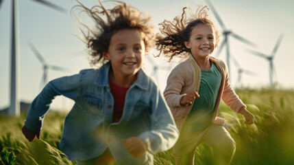 Two children run across a field and play in front of wind turbines. Created with Generative AI technology.