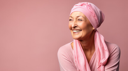 Middle-aged woman cancer patient wearing headscarf and smiling on pink background. Created with Generative AI technology.