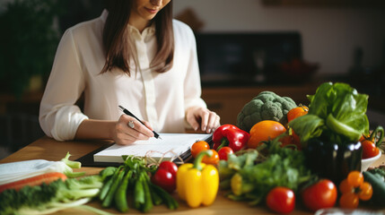 Wall Mural - Woman prescribes herself a diet plan with vegetables spread out on the kitchen table.