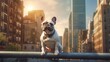 french bulldog, french bulldog on city background, cute dog on city background copy space. Dog picture with free space for advertising print