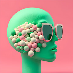 Statue. on a green background. Gypsum statue of David's head. Creative. Plaster statue of Apollo's head in pink sunglasses. Minimal concept art.
