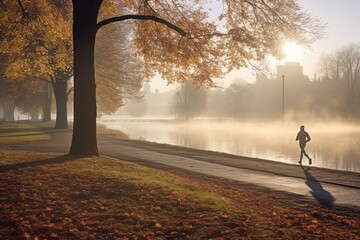 young man silhouette running near the lake in autumn evening light