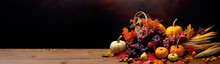 Thanksgiving Day Fall Still Life With Pumpkins, Corns And Grapes With Free Space