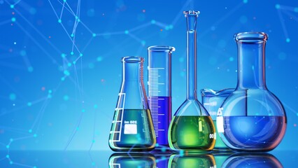 Wall Mural - glass chemistry lab equipment on blue background. chemistry lab concept. 3d