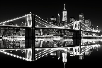 Brooklyn Bridge at night in lights. Black and white landscape of New York. Generative AI